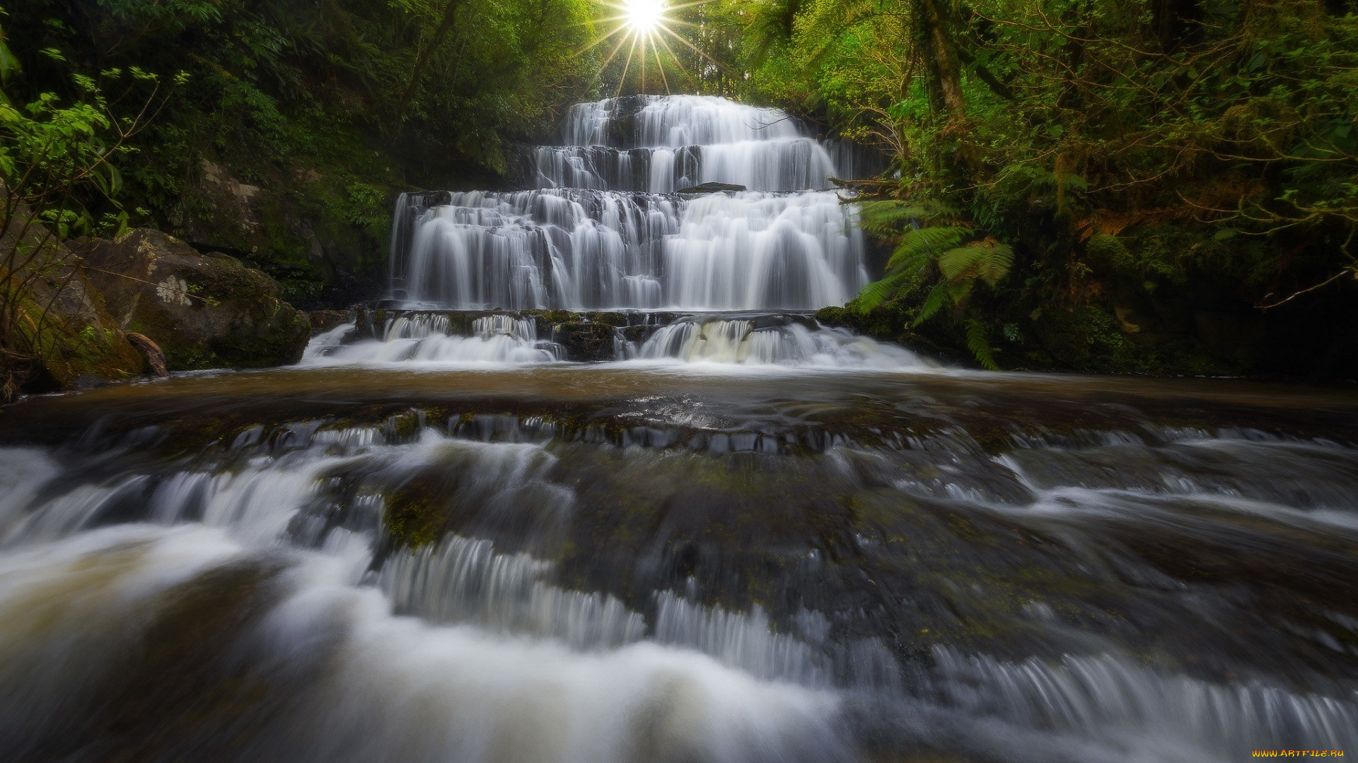 waterfall of river purakaunui, new zealand, , , waterfall, of, river, purakaunui, new, zealand